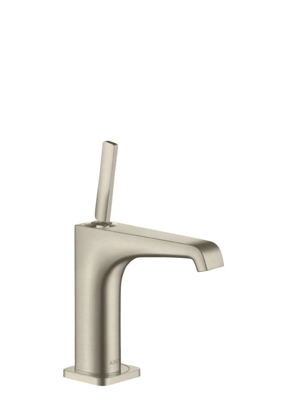 Waschtischmischer aus gebürstetem Nickel von AXOR mit einem einzelnen Hebel und einer integrierten Ablaufgarnitur. Klare Linien und funktionales Design.